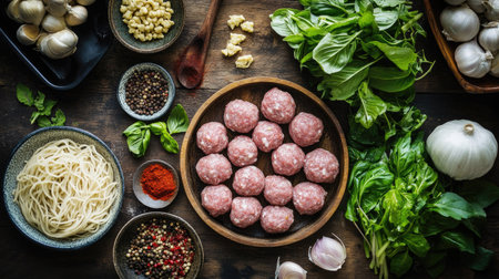 Fresh ingredients for bakso meatball soup laid out on a rustic wooden table, including raw meatballs, noodles, greens, and spices, ready to be cooked in a traditional Indonesian styleの素材