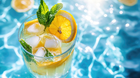 Fresh citrus cocktail with mint and ice in a glass, poolside setting under the sun, with clear blue water and bright summer colors, perfect for relaxationの素材