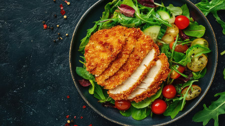 Flat lay of a breaded chicken schnitzel and a fresh vegetable salad with greens and cherry tomatoes, on a plate over a dark background. Perfect for casual dining themesの素材