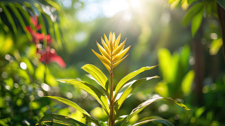 Focused image of a yellow palm seedling in a lush garden in Thailand, surrounded by vibrant green plants and flowers, under a sunny, tropical skyの素材