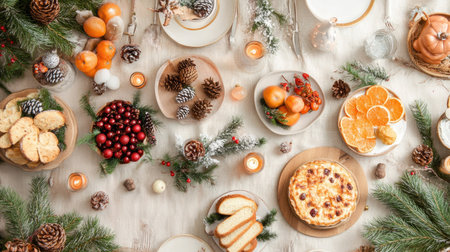 Flat lay of a festive holiday table setting with various Christmas foods, decorations, and seasonal tableware, creating a cheerful atmosphere.の素材