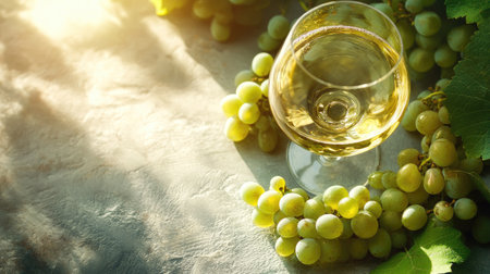 Fresh green grapes next to a white wine glass, top-down closeup with sunlight softly illuminating the glass and grapes, creating a refreshing feelの素材