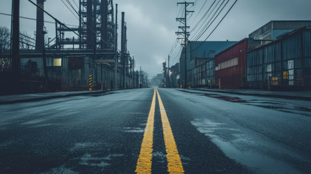 Empty road in an industrial district, surrounded by large factory buildings, warehouses, and steel structuresの素材