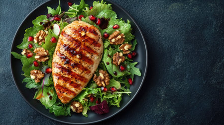 Grilled chicken breast and mixed salad with walnuts and pomegranate seeds, drizzled with balsamic glaze on a dark background. Top view, emphasizing healthy eatingの素材