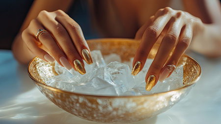 Golden moon nails gently tapping on a crystal bowl, elegant and sophisticated setting with a focus on luxury lifestyleの素材