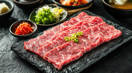Fresh marbled beef slices, raw and ready for Sukiyaki, Shabu, or Yakiniku, beautifully arranged with side dishes and garnishes. A gourmet food presentation.の素材