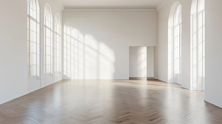 Empty room interior with a modern minimalist design, featuring sleek fishbone flooring, plain white walls, and sunlight streaming in, creating a bright spaceの素材
