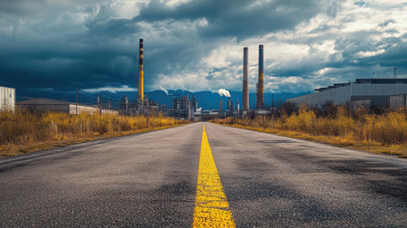 Empty road stretching toward modern industrial buildings, with tall chimneys and steel structures under a cloudy skyの素材