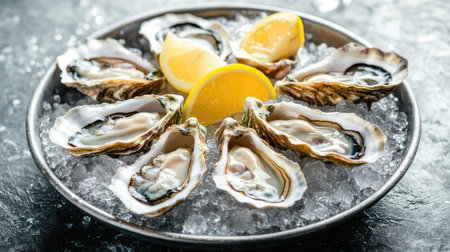 Fresh oysters on ice with vibrant yellow lemon wedges, served on a round silver platter, perfect for a fine dining restaurant setting.の素材