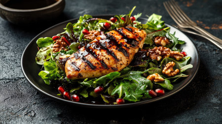 Grilled chicken breast with a fresh salad mix of greens, walnuts, and pomegranate, lightly drizzled with balsamic sauce, on a dark background with a fork. Healthy eating conceptの素材