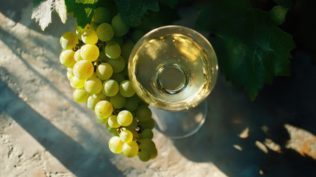 Freshly picked green grapes next to a white wine glass, top view with vibrant colors and sunlight highlighting the natural textures of the fruitの素材