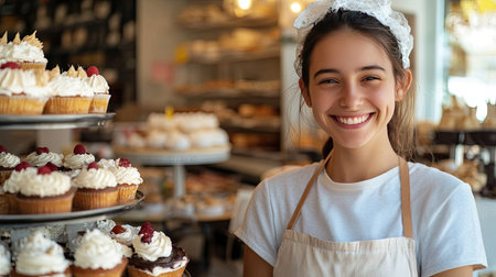 Happy young cake shop seller, wearing a cheerful smile, with beautifully decorated cakes and pastries filling the shop around herの素材