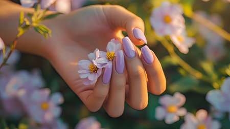 Hands with purple nails delicately holding a flower, capturing a trendy summer manicure with soft lighting and a natural settingの素材