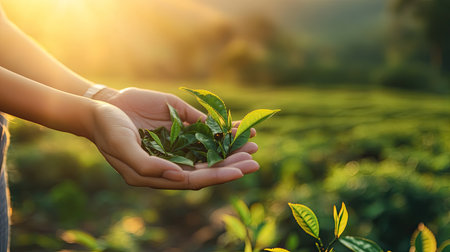 Hands of a woman holding tea leaves under soft morning light at a tea plantation in Chiang Mai, Thailand, symbolizing a connection with nature and sustainable travelの素材