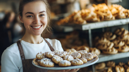 Happy female confectioner holding a plate of freshly baked cookies, arranging them with care in a busy bakery, surrounded by the delightful aroma of sweetsの素材