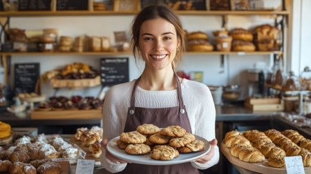 Happy woman behind the counter of a bakery shop, holding a plate of warm cookies, arranging them among other freshly baked sweets and pastriesの素材
