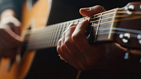 Hands strumming an acoustic guitar, with a close-up focus on the intricate finger movements and musical expressionの素材