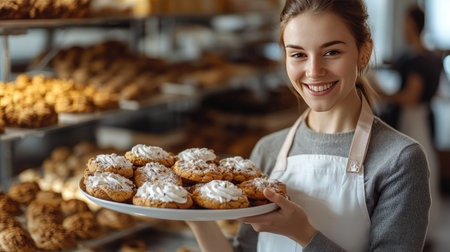 Happy female confectioner holding a plate of freshly baked cookies, arranging them with care in a busy bakery, surrounded by the delightful aroma of sweetsの素材