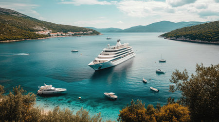 A beautiful white cruise ship moored in a calm bay, with small boats and pristine coastline in the distanceの素材