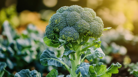 A broccoli plant in full bloom, standing tall in a vegetable garden. Part of the Brassica oleracea species, this cultivated vegetable is related to cabbage and cauliflowerの素材