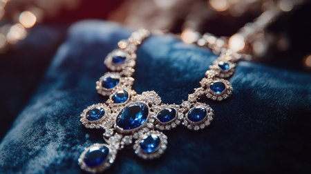 A beautiful diamond necklace adorned with blue gems resting on a soft velvet cushion, selective focus highlighting the gemsae sparkle and intricate settingの素材