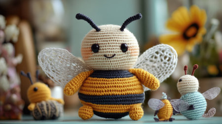 A charming handmade knitted bee, complete with striped patterns and soft wings, featured in a whimsical amigurumi toy set with other insect characters.の素材