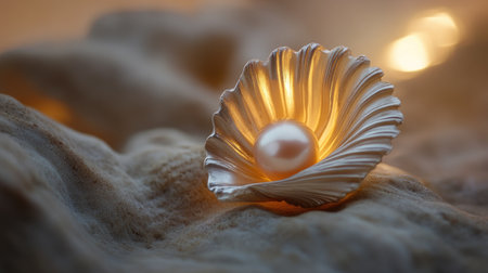 A carved shell gracefully wraps around a glowing pearl, the elegant design capturing the perfect blend of nature and artistry.の素材