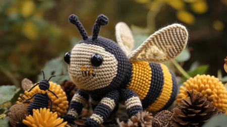 A charming handmade knitted bee, complete with striped patterns and soft wings, featured in a whimsical amigurumi toy set with other insect characters.の素材