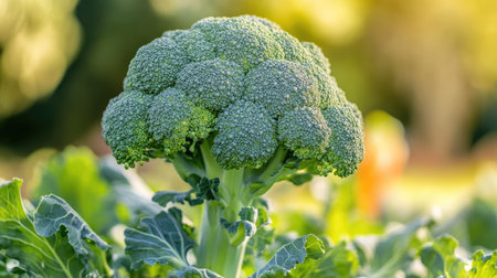 A broccoli plant in full bloom, standing tall in a vegetable garden. Part of the Brassica oleracea species, this cultivated vegetable is related to cabbage and cauliflowerの素材