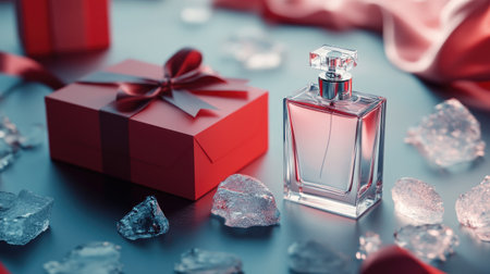 A chic glass perfume bottle placed next to a red gift box, mixed with scattered ice pieces and a stylish bag, creating a modern and elegant gift concept.の素材