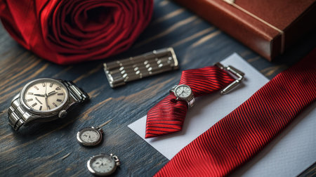 A classic Fatheraes Day card alongside menaes accessories--red tie, cufflinks, and watch--neatly arranged for a perfect gift display.の素材