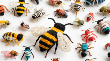 A charming collection of knitted bees, complete with striped bodies and delicate wings, surrounded by other handmade toy insects in a colorful arrangement.の素材