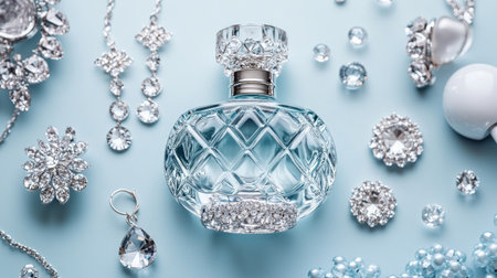 A close-up of a perfume bottle with sparkling jewelry, including earrings and a necklace, arranged on a light blue background for a chic and elegant composition.の素材