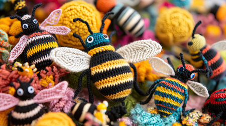 A charming collection of knitted bees, complete with striped bodies and delicate wings, surrounded by other handmade toy insects in a colorful arrangement.の素材