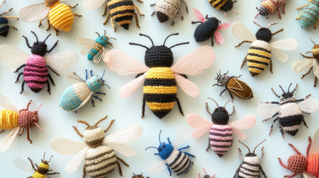 A charming collection of knitted bees, complete with striped bodies and delicate wings, surrounded by other handmade toy insects in a colorful arrangement.の素材