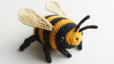 A charming handmade knitted bee, complete with yellow and black stripes, part of a cute amigurumi insect toy set, arranged on a clean white background.の素材