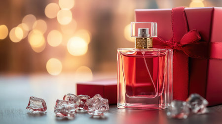 A close-up of a perfume bottle with a red gift box and pieces of ice, along with a stylish bag, creating a luxurious and refreshing gift concept.の素材