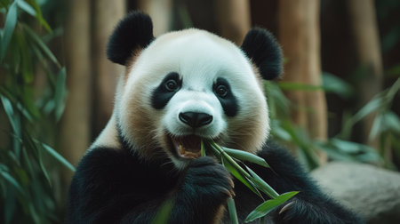 A close-up of a panda sitting in the zoo, happily munching on bamboo leaves. The pandaaes peaceful expression reflects its enjoyment of the meal and relaxed atmosphereの素材