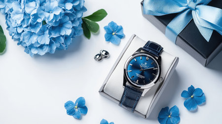 A classic men's gift concept featuring a luxury watch, cufflinks, and a gift box with a blue bow, accented by fresh blue flowers on a clean white background.の素材