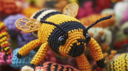A close-up of an amigurumi bee, carefully knitted with bright yellow and black stripes, placed among other cute handmade toy insects.の素材