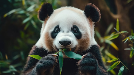 A close-up of a panda sitting in the zoo, happily munching on bamboo leaves. The pandaaes peaceful expression reflects its enjoyment of the meal and relaxed atmosphereの素材