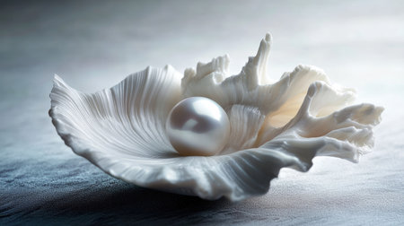 A carved shell elegantly embraces a bright pearl, the intricate design of the shell wrapping around the smooth surface, creating a refined, sophisticated image.の素材
