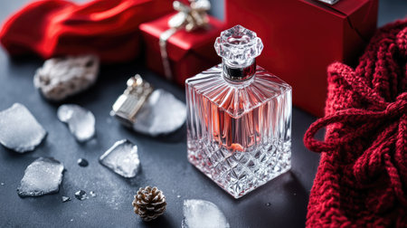 A close-up of a glass perfume bottle with a red gift box, scattered ice pieces, and a fashionable bag, creating a luxurious and stylish gift display.の素材