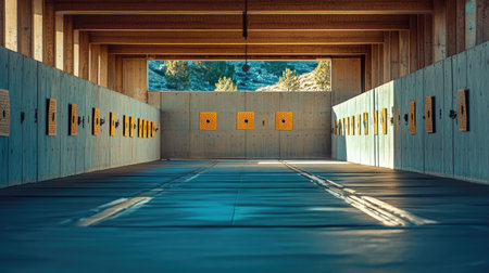 A clean and organized sports shooting range with targets ready for firearms training, emphasizing safety, precision, and skill developmentの素材