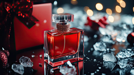 A close-up of a glass perfume bottle with a red gift box, surrounded by pieces of ice and a sleek bag, creating a modern and elegant gift display.の素材