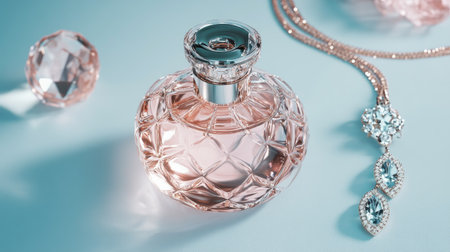 A close-up of a perfume bottle with sparkling jewelry, including earrings and a necklace, arranged on a light blue background for a chic and elegant composition.の素材
