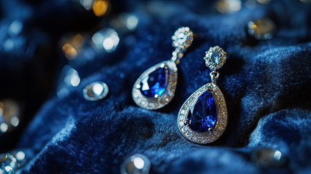 A close-up shot of delicate sapphire earrings resting on a velvet cushion, illuminated by soft natural light to enhance their brilliance, creating an elegant compositionの素材