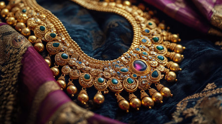 A detailed Indian gold necklace with traditional motifs and precious stones, highlighting its luxury and cultural significance on a rich velvet surfaceの素材