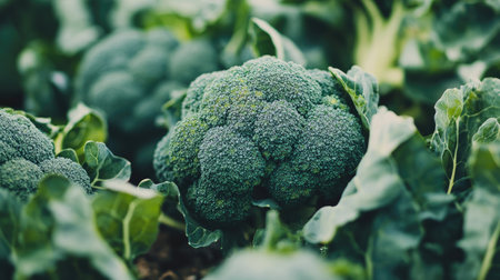 A close-up of broccoli florets in a field, highlighting their rich green color and texture. Broccoli is part of the Brassica oleracea species, alongside cabbage and cauliflowerの素材