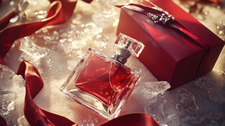 A delicate glass perfume bottle resting beside a red gift box and mixed pieces of ice, with a stylish bag completing the elegant arrangement.の素材